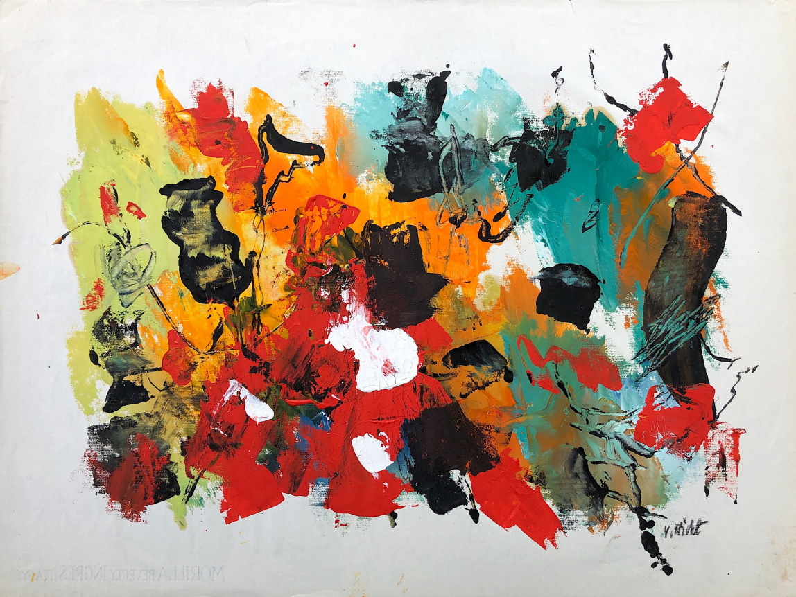 Image of untitled #052 abstract painting by John Von Wicht in reds, oranges, blues, black, white  and chartreuse.