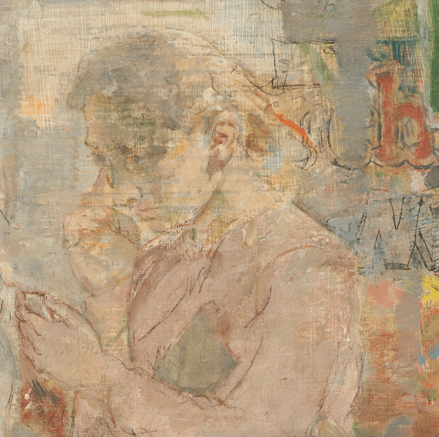 Closeup image of woman looking at her face with a hand-held compact in Isabel Bishop's painting &quot;Interlude&quot;.