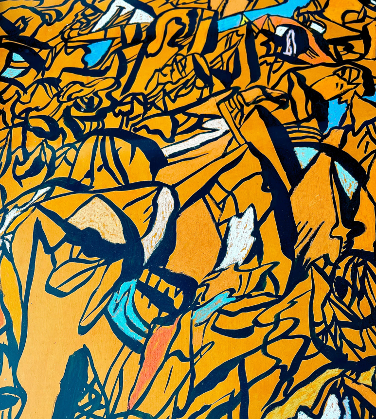 Detail image of orange acrylic and pastel abstraction by Fred Martin.