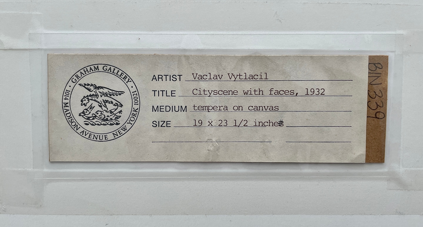 Verso label on "City Scene with Faces" by Vaclav Vytlacil.