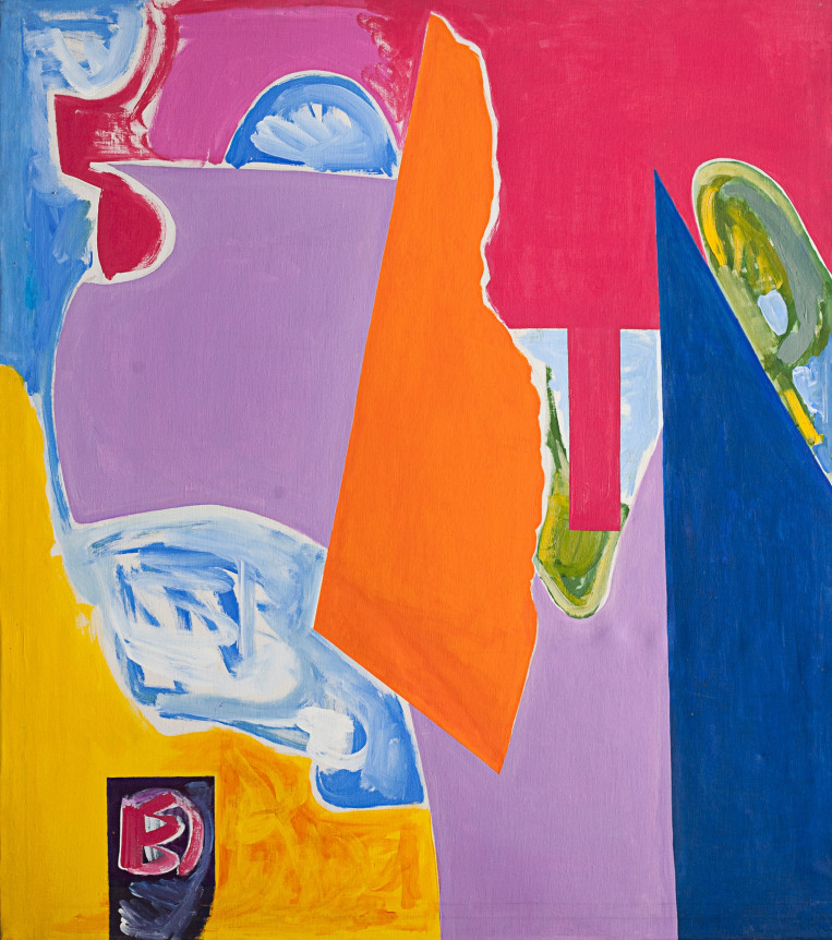 Image of untitled abstract oil painting by Miriam Laufer in bright primary and secondary colors.