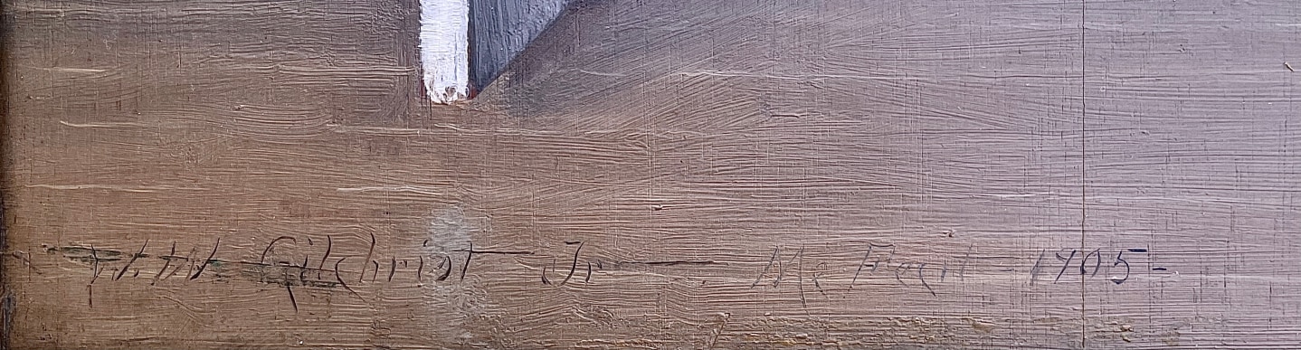 Image of signature, title and date on Detail of &quot;Girl with Doll&quot; painting by William Wallace Gilchrist.