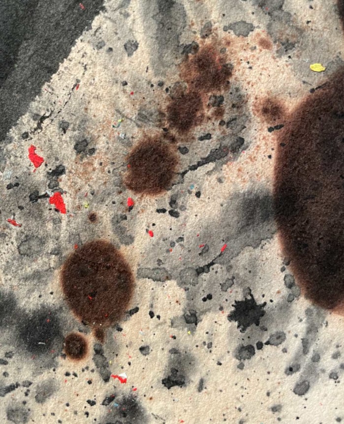 Image of detail on Joan Mir&oacute; 1967 abstract painting &quot;T&ecirc;te de femme&quot; of browns, greys and red.