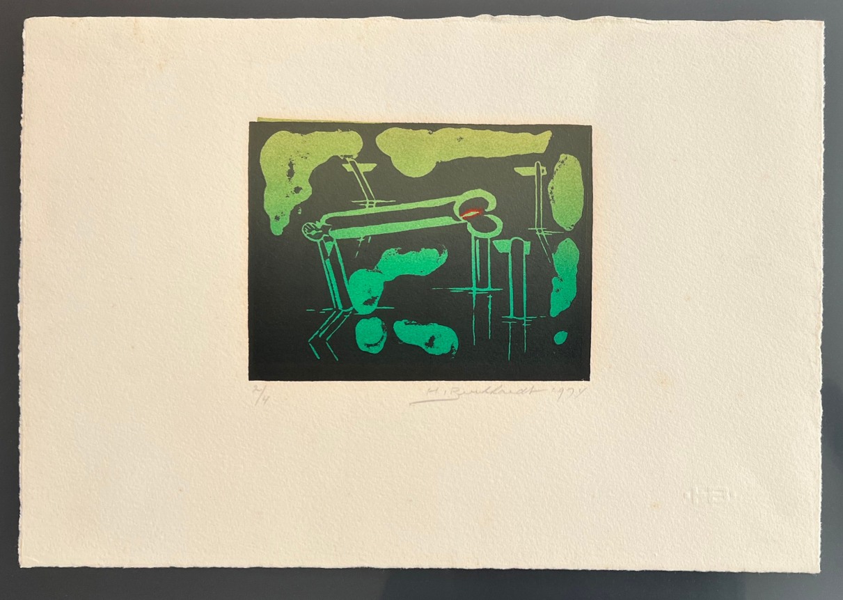 Image of full sheet of untitled (025) 1974 abstract lithograph by Hans Burkhardt in greens, red and black.