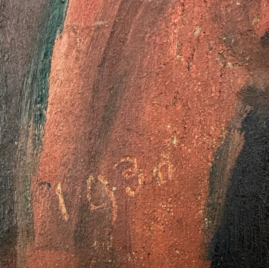 Image of date on Hans Burkhardt's 1930 nude portrait of his wife Louise, kneeling on a sofa.