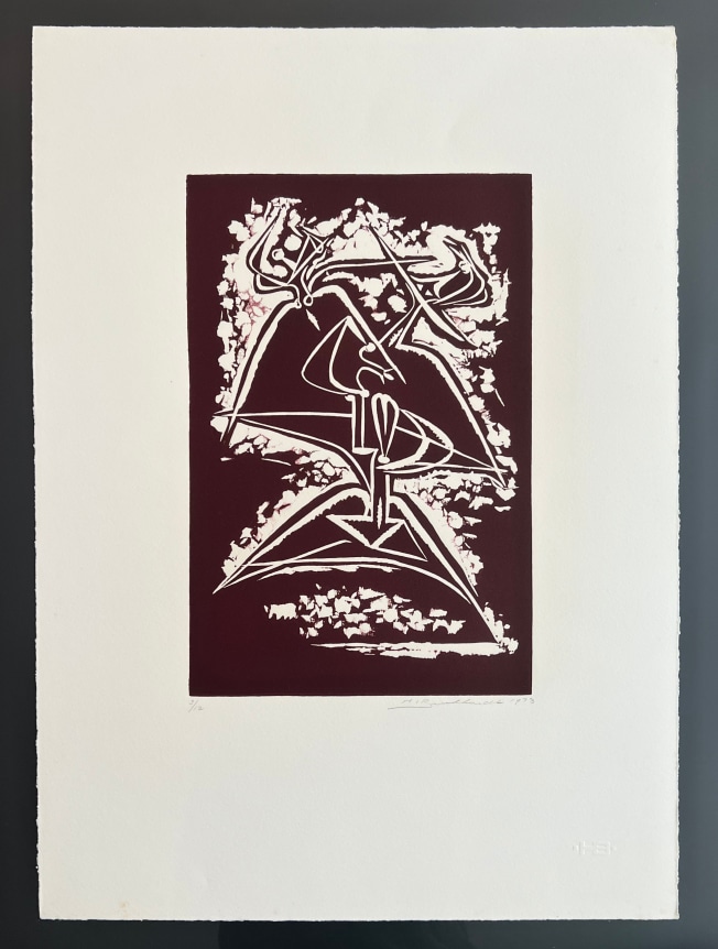 Full sheet ima&frac34;of untitled (016) abstraction by Hans Burkhardt in deep brown.