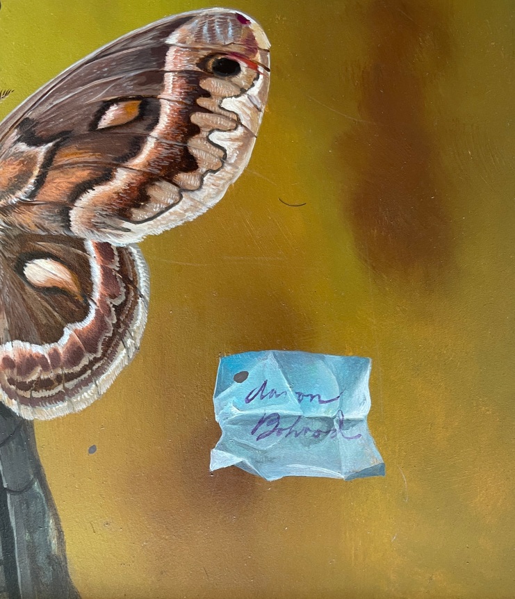 Closeup detail of signature and partial moth wing on "Tree of Life" painting by Aaron Bohrod.