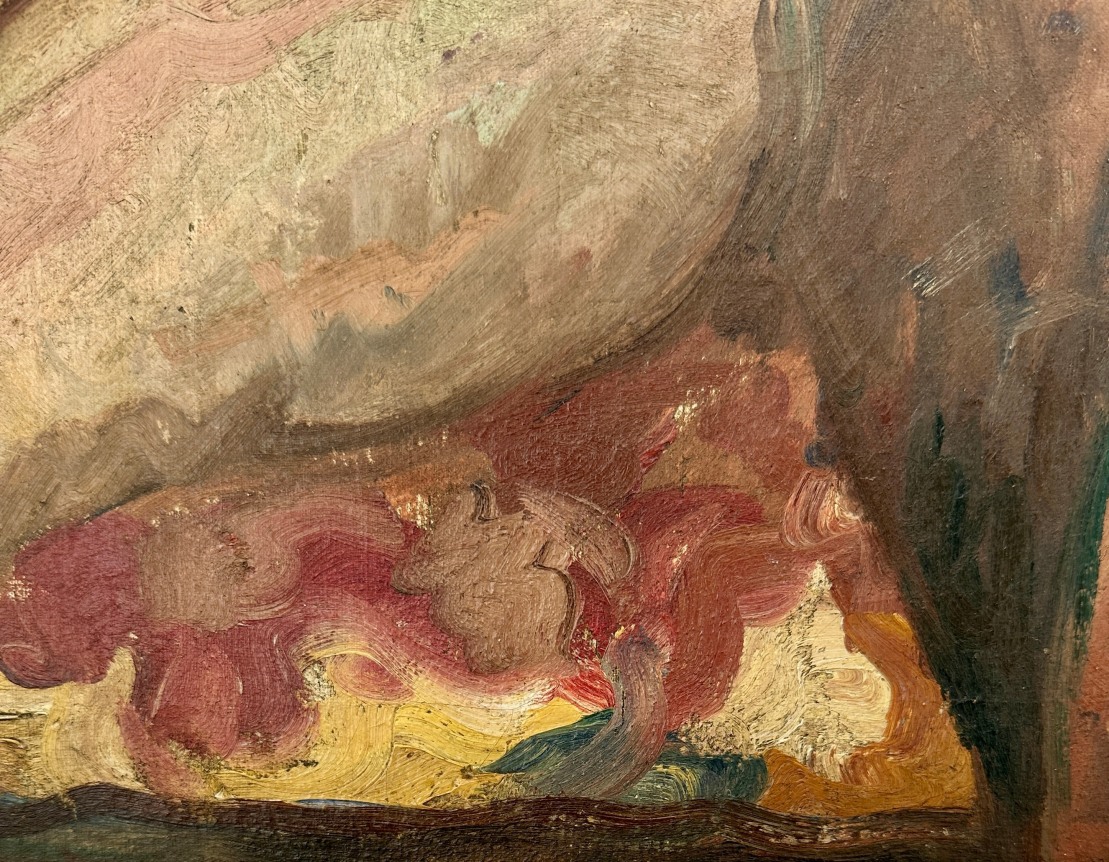 Image of detail on Hans Burkhardt's 1930 nude portrait of his wife Louise, kneeling on a sofa.