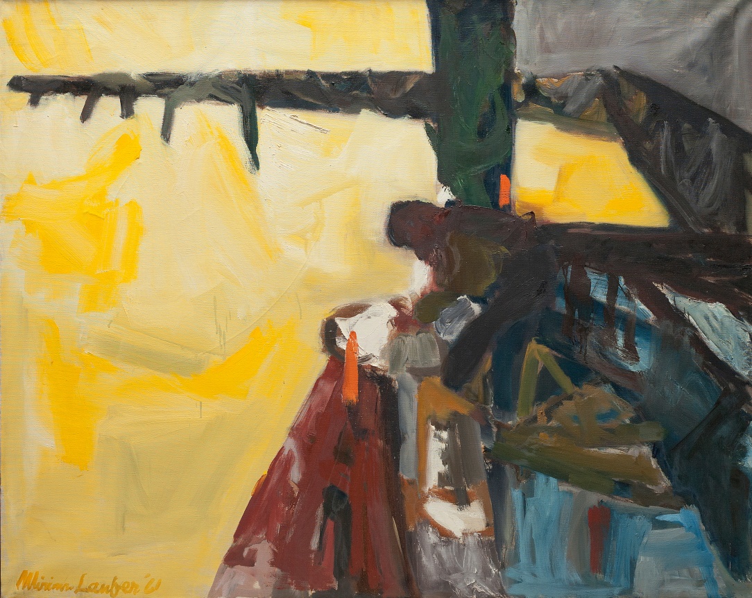 Image of untitled abstract oil landscape by Miriam Laufer with yellows, reds, blues and greens.