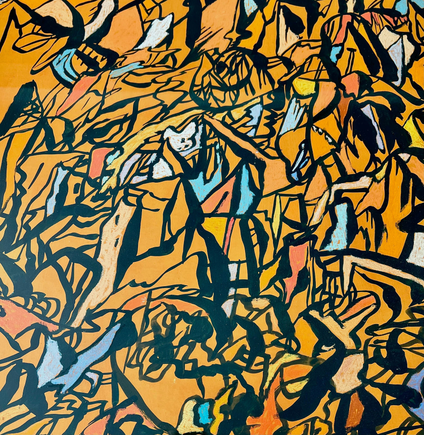 Detail image of orange acrylic and pastel abstraction by Fred Martin.