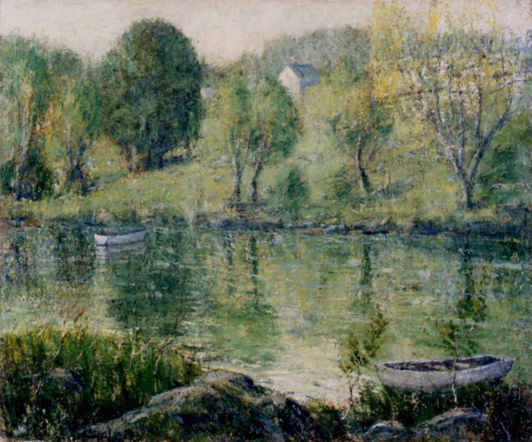 Image of sold oil painting of Connecticut landscape by Ernest Lawson showing a river or pond with two rowboats near a wooded hillside.