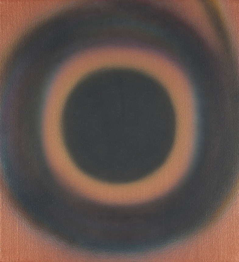 Image of "Java", a painting by artist Dan Christensen spray painted in dark grey and brighter coppery-brass tones in the loose shape of a bulls eye.
