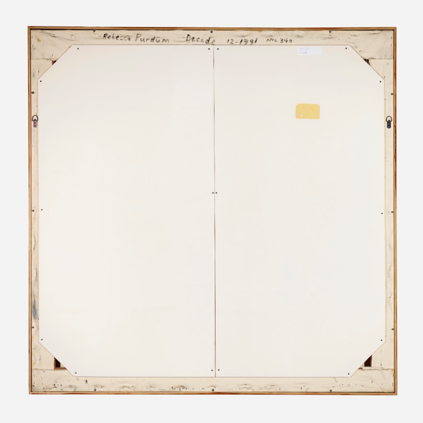 Image of verso of 1991 oil painting entitled &quot;Decade&quot; by Rebecca Purdum.