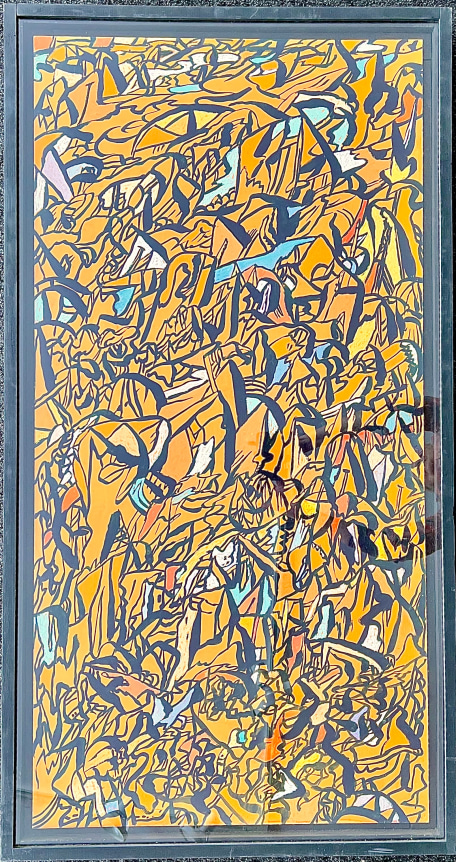 Image of framed view of orange acrylic and pastel abstraction by Fred Martin.