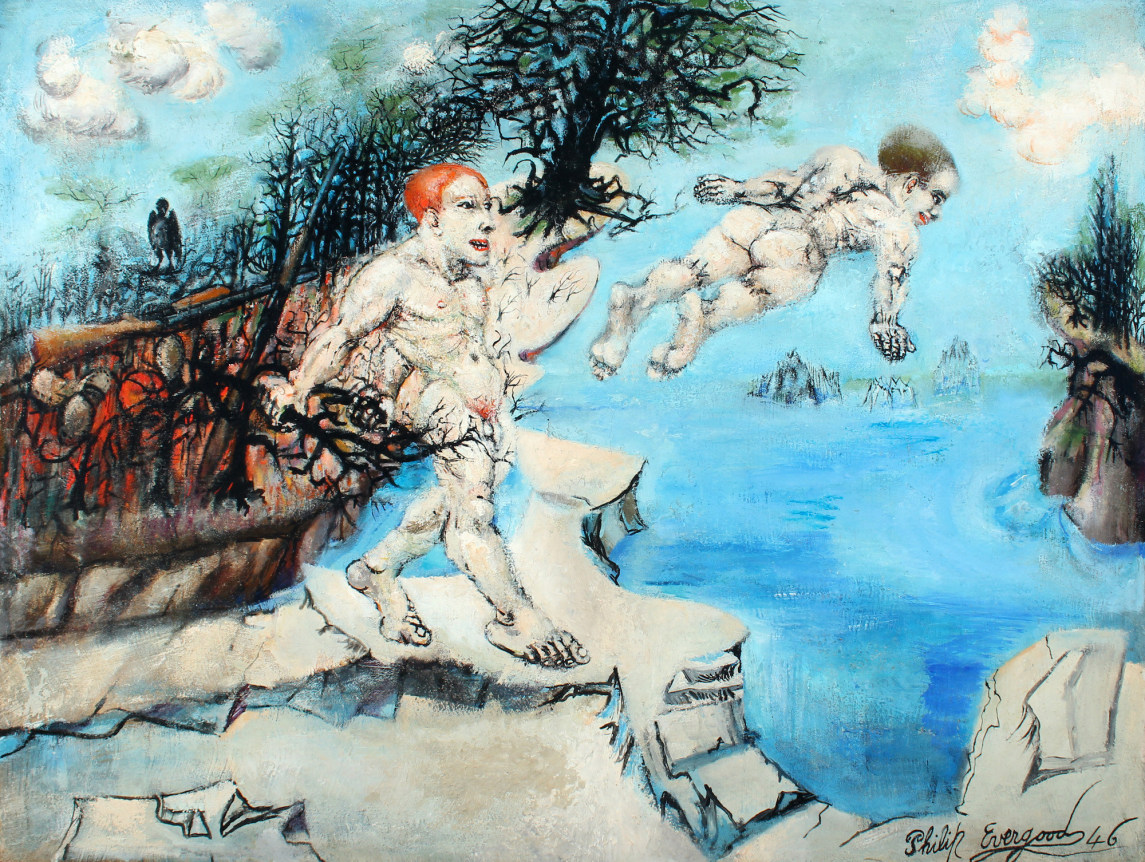 Image of oil painting entitled "Lure of the Waters" by Philip Evergood showing two naked men, one of whom is diving into a lake off some rocks with two rifles resting on bramble behind them.