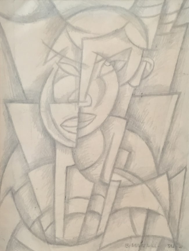 Image of a sold Herzl Emanuel 1934 cubist pencil drawing entitled &quot;Head of a Man&quot;.
