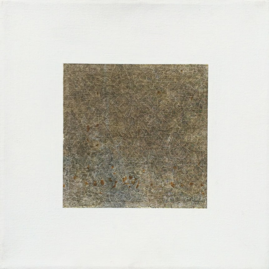 Image of abstract oil painting by Jacob El Hanani titled "Humim Alef" in soft earth tones on white background.