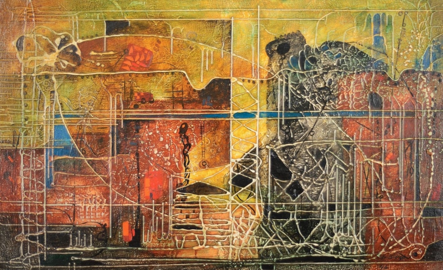 Image of oil painting entitled "Altitude 2000, Departure" by Julio De Diego showing an abstraction in yellow, orange, cream, browns, and blues.