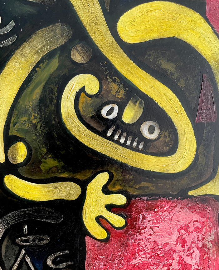 Closeup detail yellow abstract figure in &quot;Trojan Horse - Equestrian&quot; painting by Julio de Diego.