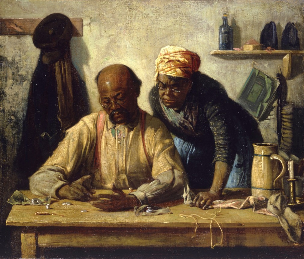 Image of sold oil painting entitled &quot;When the Rent Comes Around&quot; by Harry Roseland showing an African American couple counting money at a table in a kitchen.