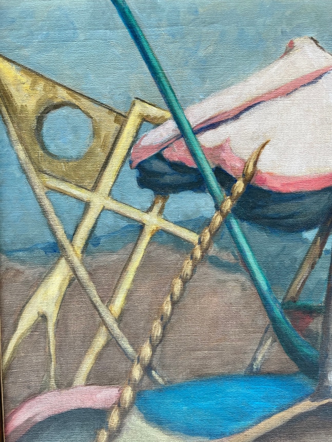 Closeup image of detail of the beach scene oil painting by Louis Wolchonok.