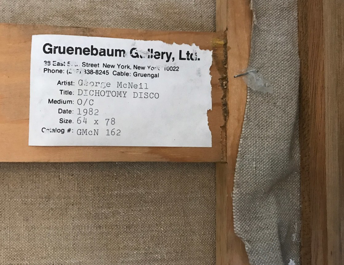 Label verso on &quot;Dichotomy Disco&quot; by George McNeil.