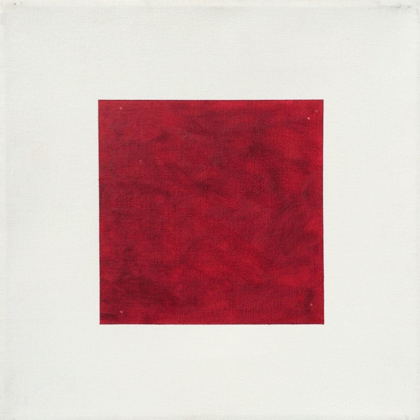 Image of abstract oil painting by Jacob El Hanani titled "Adumim Beth" in reds on a white background.