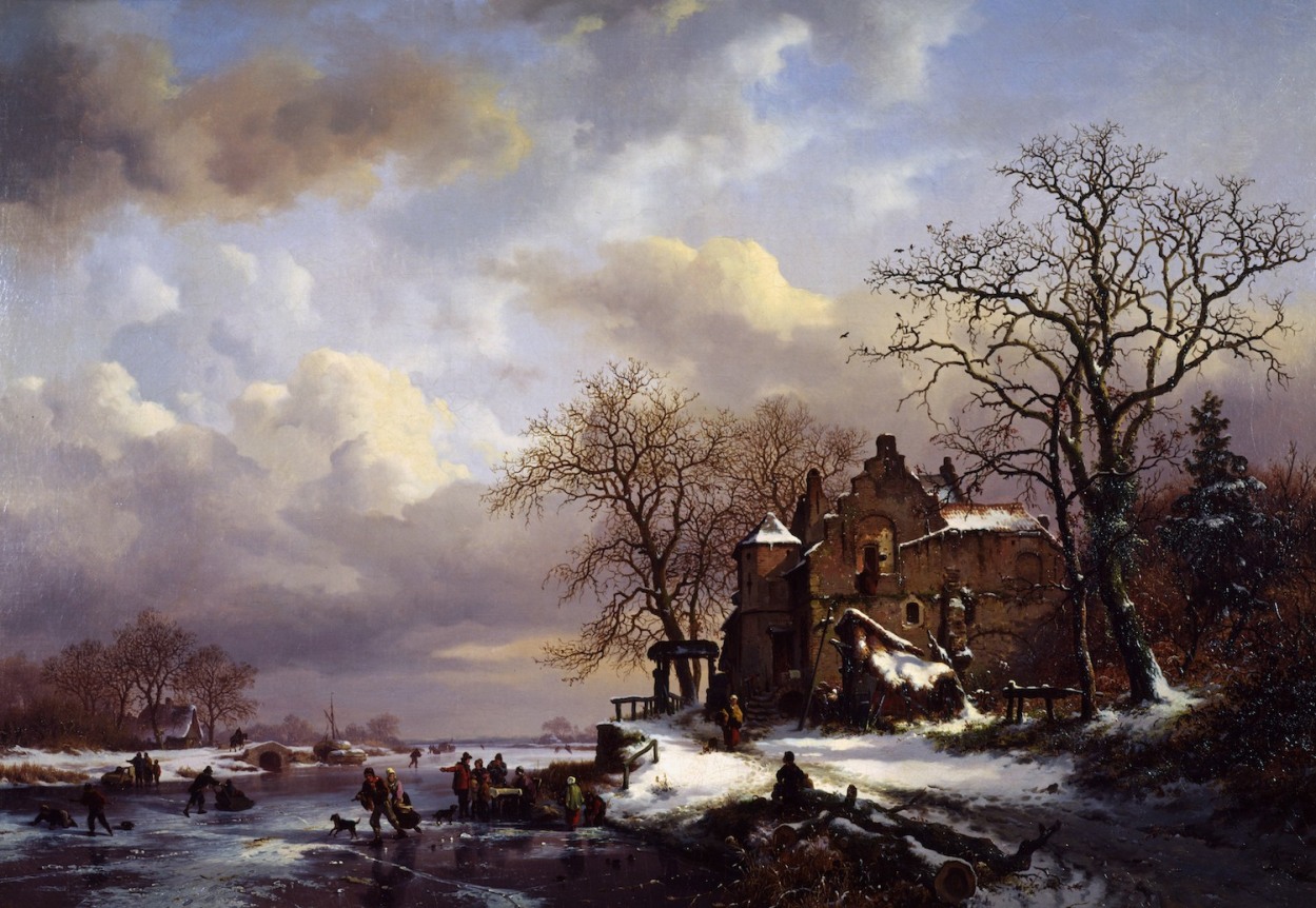 Image of sold oil painting of winter scene on a frozen river next to a large house on the bank by Frederick Kruseman.