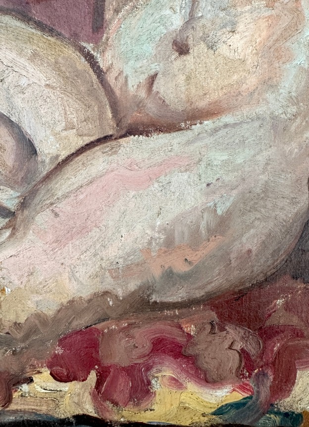 Image of detail on Hans Burkhardt's 1930 nude portrait of his wife Louise, kneeling on a sofa.