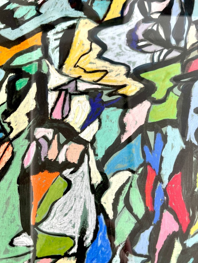 Image of detail on untitled (MaFr007) painting by Fred Martin in pastel and acrylic of greens, blues, oranges with many shapes outlined in black.