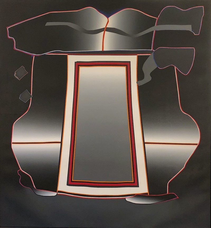 Sold oil painting entitled &quot;Aldwych&quot; by Deborah Remington showing a mirror-like abstraction in grays, white, red and black..