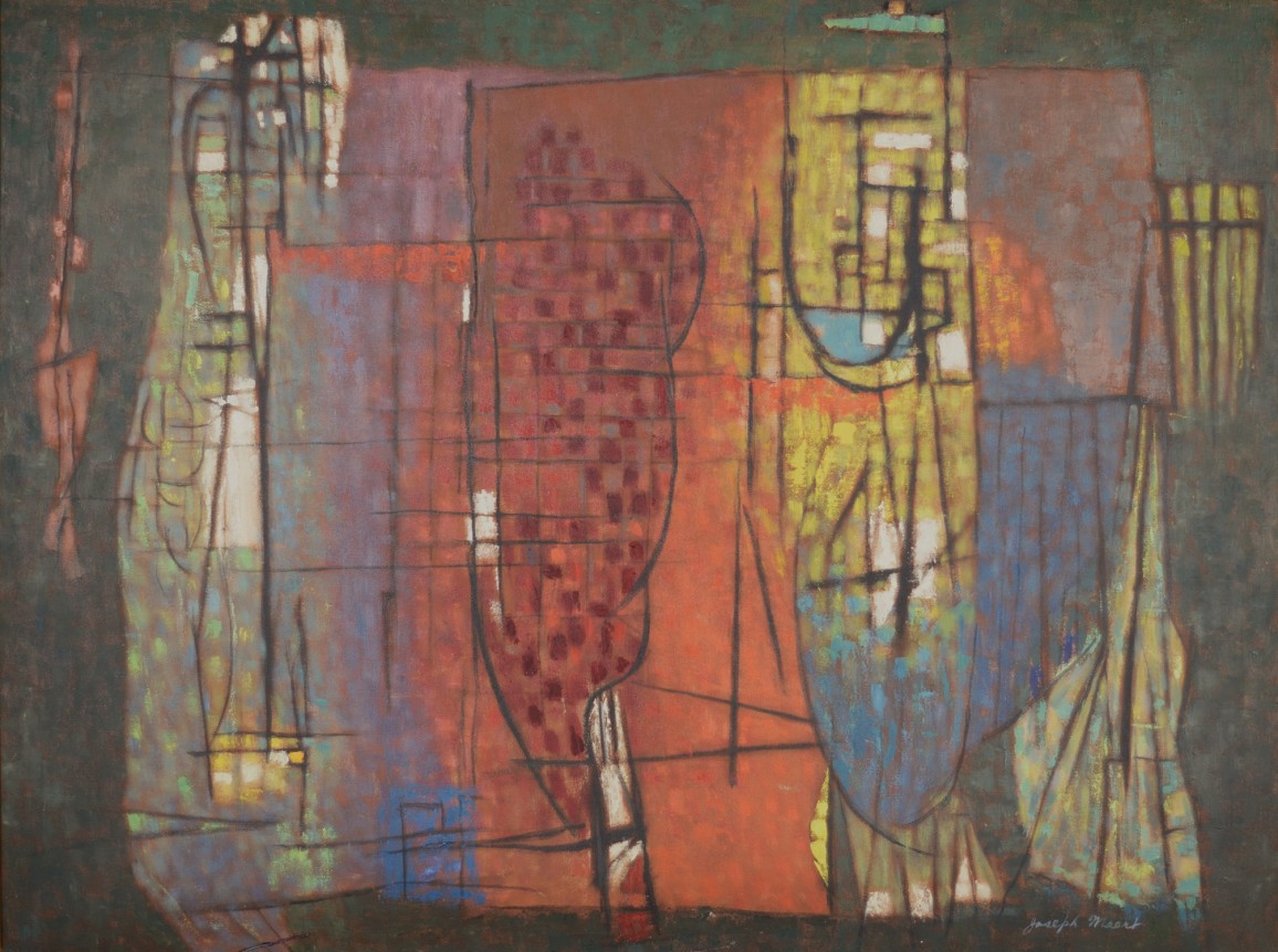 Image of &quot;Transition&quot; abstract oil painting by Joseph Meert in muted reds, blues, yellows and other colors.