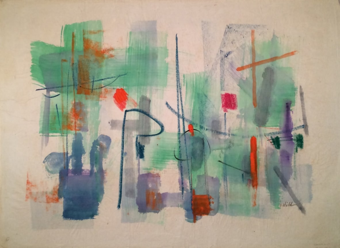 John Von Wicht abstract watercolor painting titled "Harbor Mist" in light greens, blues, red, and orange.