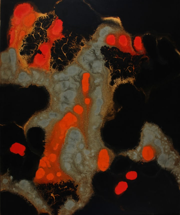 Image of Stanley Twardowicz poured abstract oil enamel painting entitled "#33" in orange, grey and black.