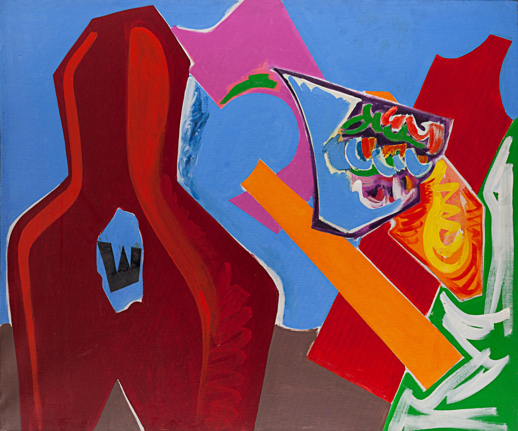Image of mixed media collage entitled "Singularity" by Miriam Laufer with a large organic red and maroon shape on the left and multi colored shapes on the right.