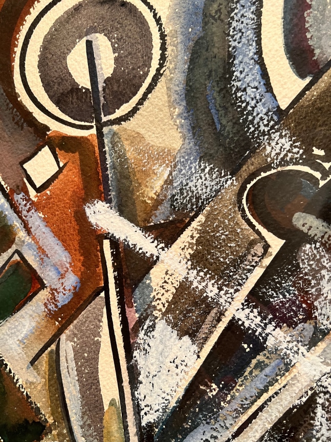 Closeup image of John Von Wicht's gouache abstract painting &quot;Conflict.&quot;