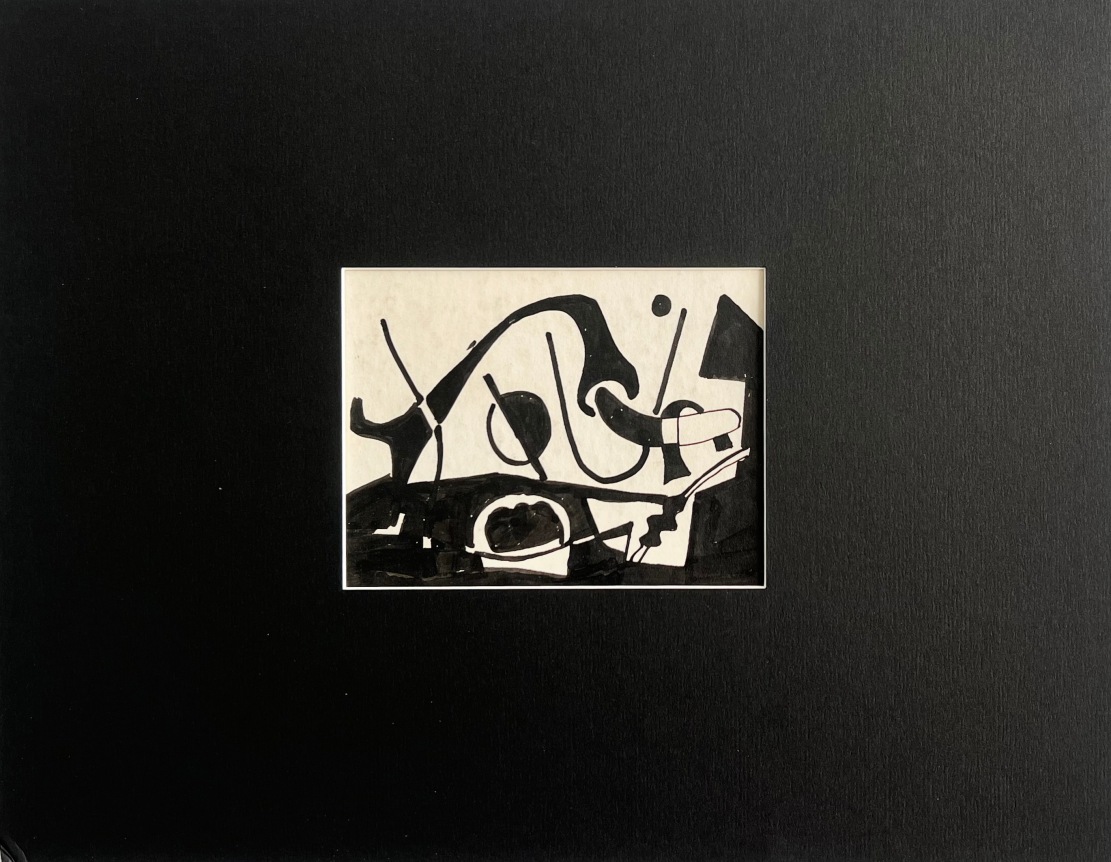 Image of matted view of untitled (003) abstraction by Vaclav Vytlacil depicting black and off-white abstract shapes.