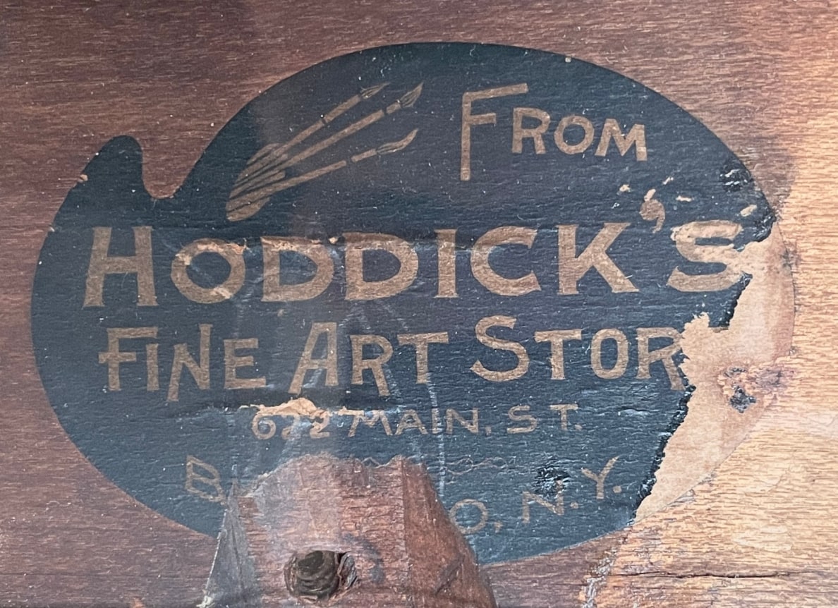 Image of verso art store label on &quot;River Scene&quot; painting by Edward Dufner.