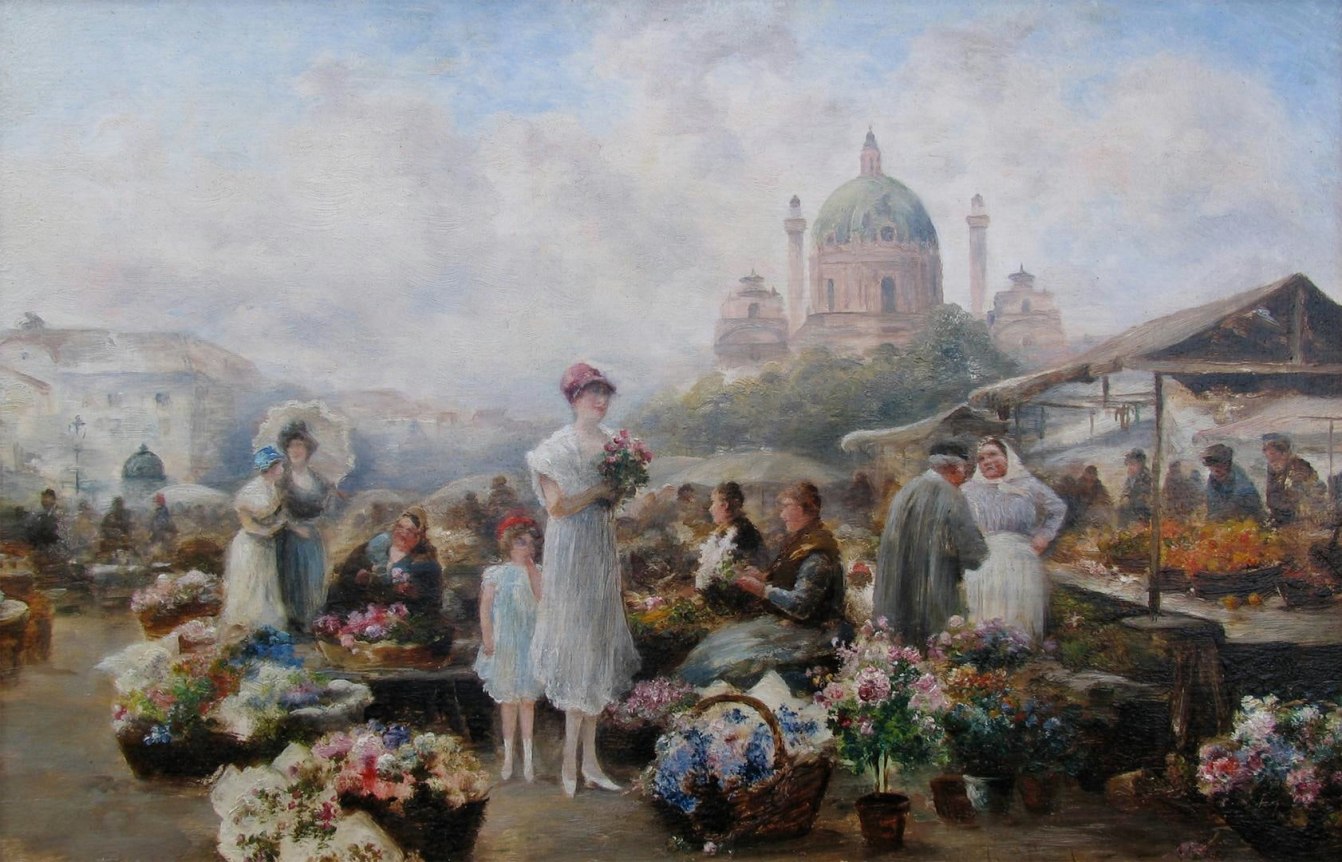 Oil painting by artist Emil Barbarini showing several people at an open air flower market in Vienna buying and selling flowers.