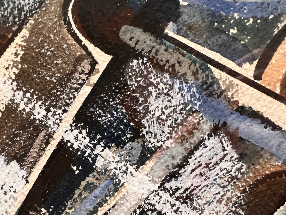 Closeup image of John Von Wicht's gouache abstract painting &quot;Conflict.&quot;