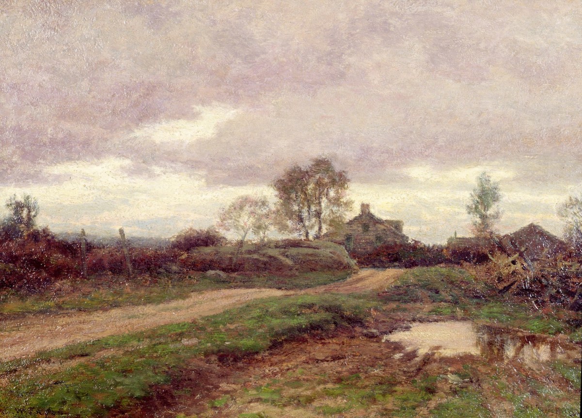 Image of sold oil painting entitled &quot;After the Storm&quot; by Dwight William Tryon showing a rural landscape with a dirt road which runs towards some houses in the distance.