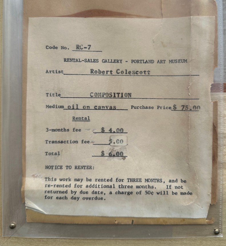 Image of rental agreement from Portland Art Museum for abstract painting entitled Composition by Robert Colescott.
