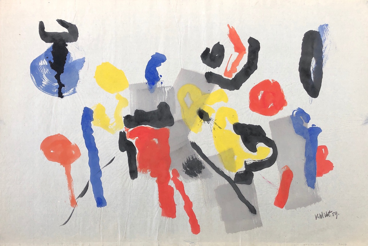 Image of untitled #113 abstract painting by John Von Wicht in primary colors with black and grey on a light background.