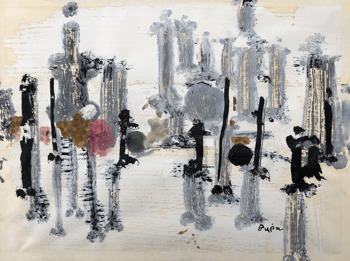 Image of abstract mixed media painting "#55" by Genichiro Inokuma in black, grey and pink.
