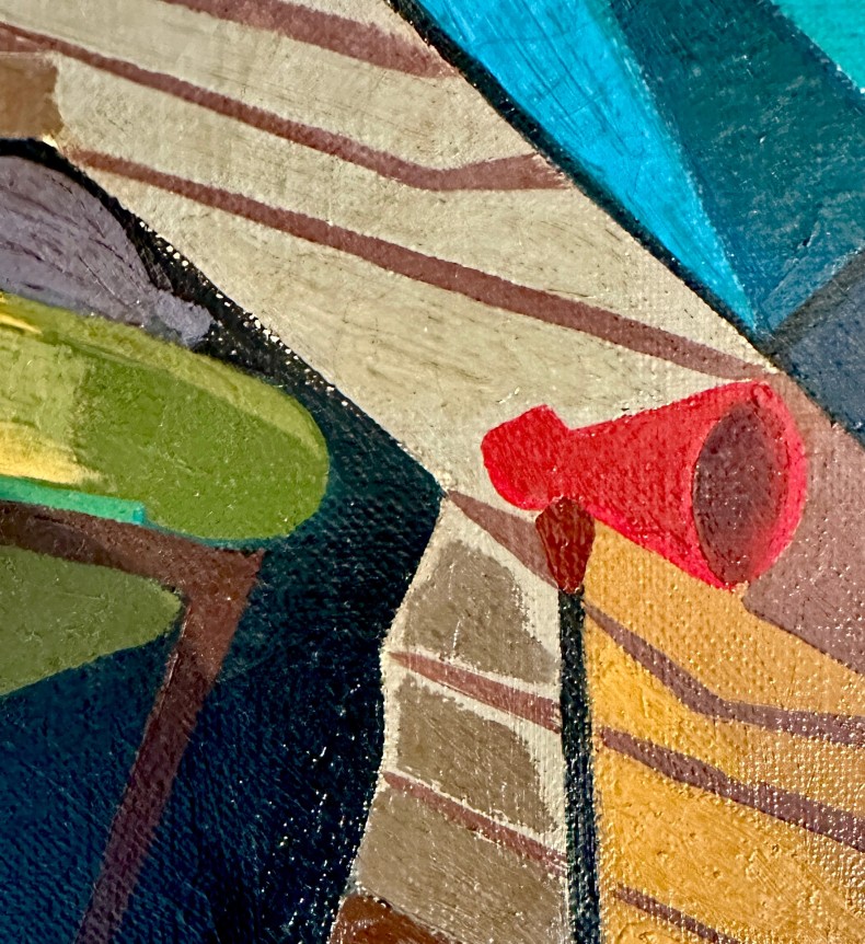 Closeup image of a detail from the painting "Environs of a Bridge" by Seymour Franks.