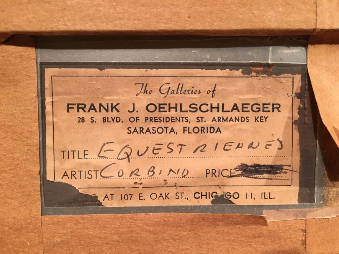 Image of label verso on &quot;Circus Jumpers No 2&quot; painting by Jon Corbino.