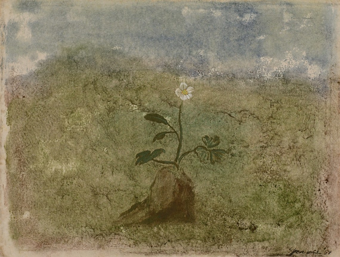 Image of sold tempera painting by Morris Graves entitled &quot;Winter Flowers&quot; showing a delicate white flower.