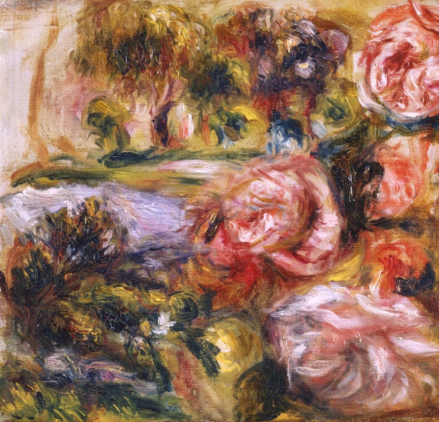 Image of Pierre Auguste Renoir's sold painting entitled &quot;Etude de Roses&quot; showing an abstraction of flowers.