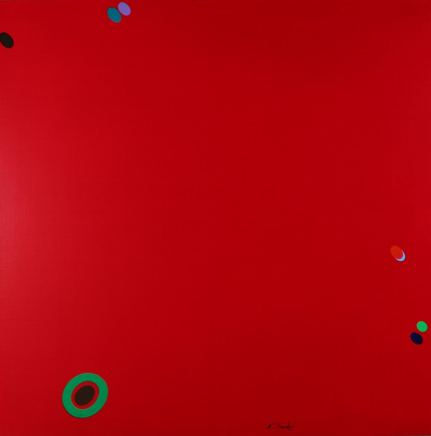 Image of untitled acrylic painting of red canvas with floating dots of various colors along the edges by Naohiko Inukai.