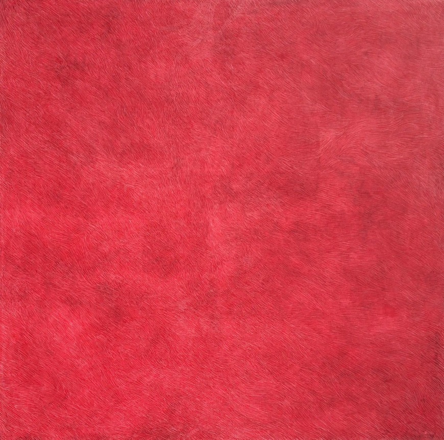 Image of abstract red oil painting titled "Argaman" by Jacob El Hanani.